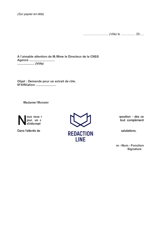 Lettre à la CNSS pour demande d'un extrait de rôle