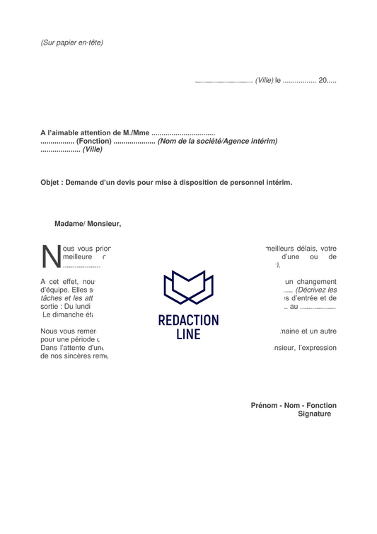 Lettre de demande de cotation à une société d'intérim