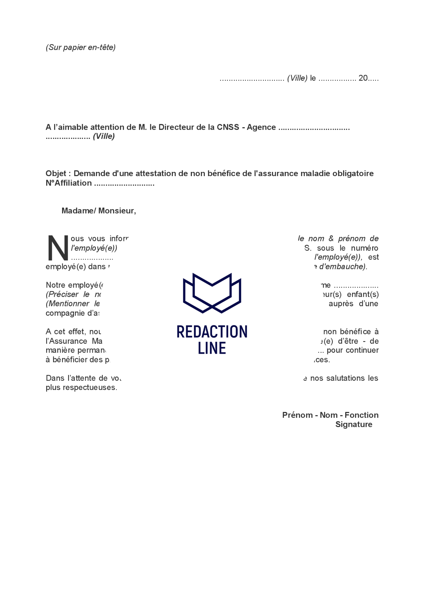 Lettre à la CNSS pour demande d'une attestation de non-bénéfice à l'A.M.O