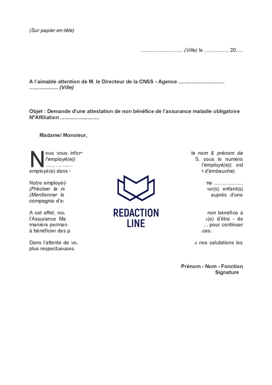 Lettre à la CNSS pour demande d'une attestation de non-bénéfice à l'A.M.O