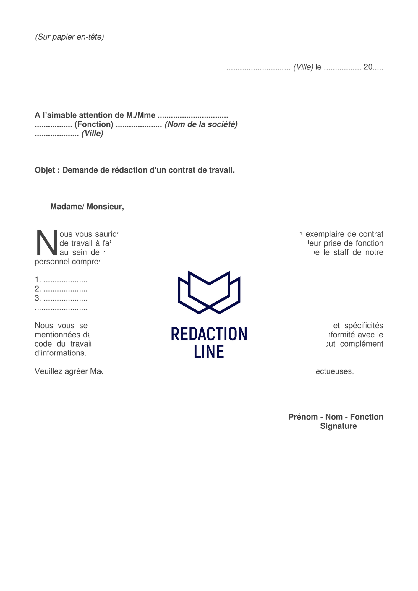 Lettre de demande de rédaction d'un contrat de travail