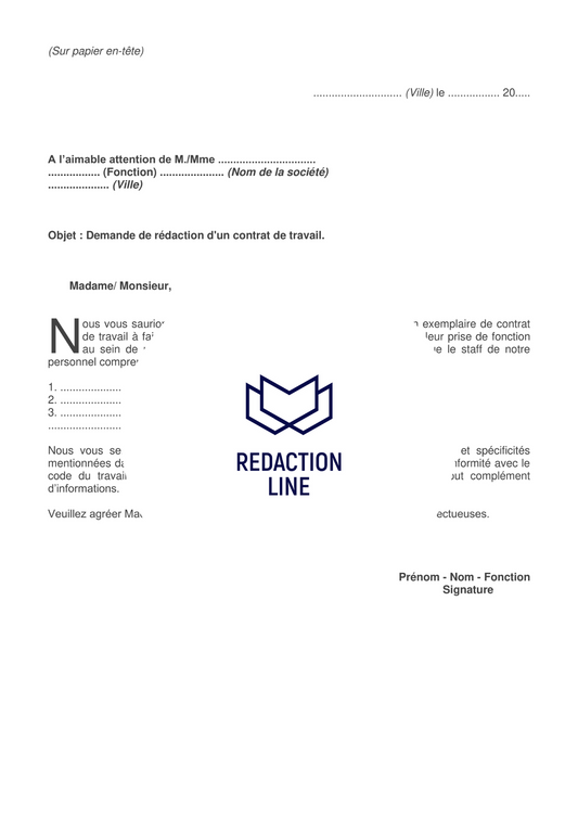 Lettre de demande de rédaction d'un contrat de travail