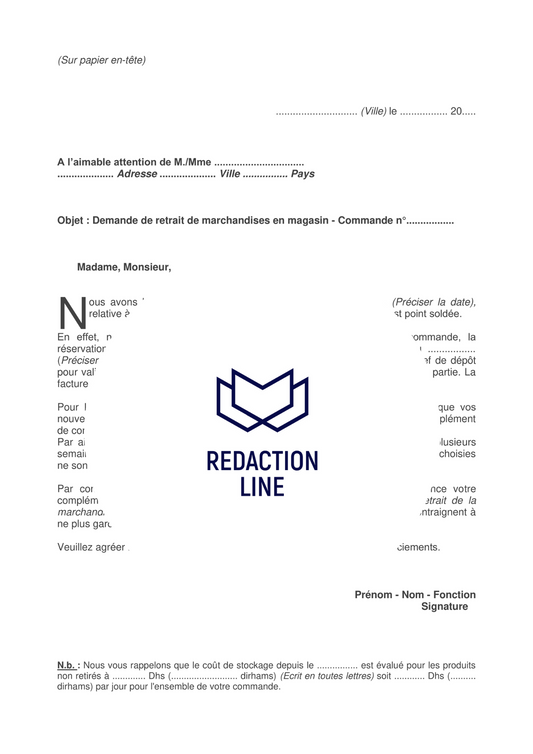 Lettre de demande de retrait de marchandises