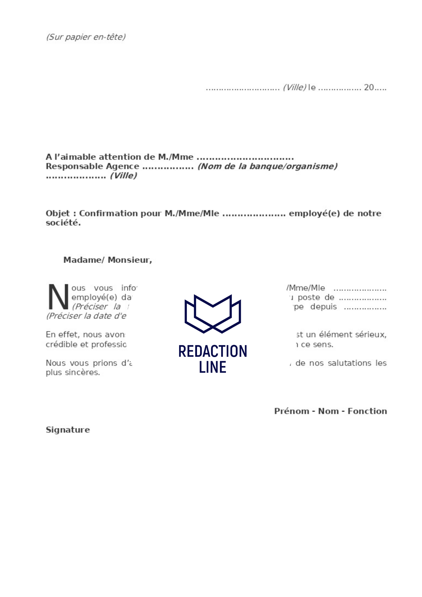 Lettre pour confirmation en faveur du personnel