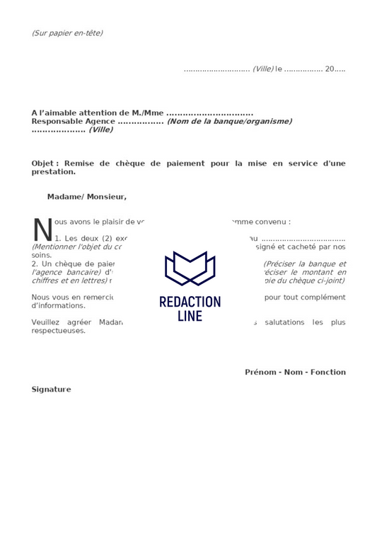 Lettre pour remise de chèque de paiement pour mise en service