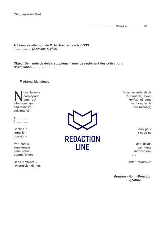 Lettre à la CNSS pour demande de report de paiement des cotisations