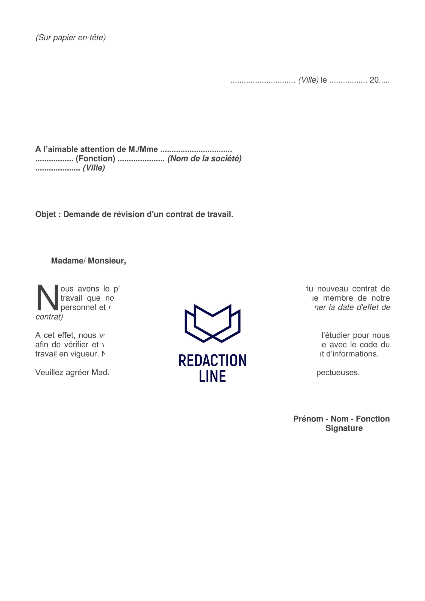 Lettre de demande de révision d'un contrat de travail