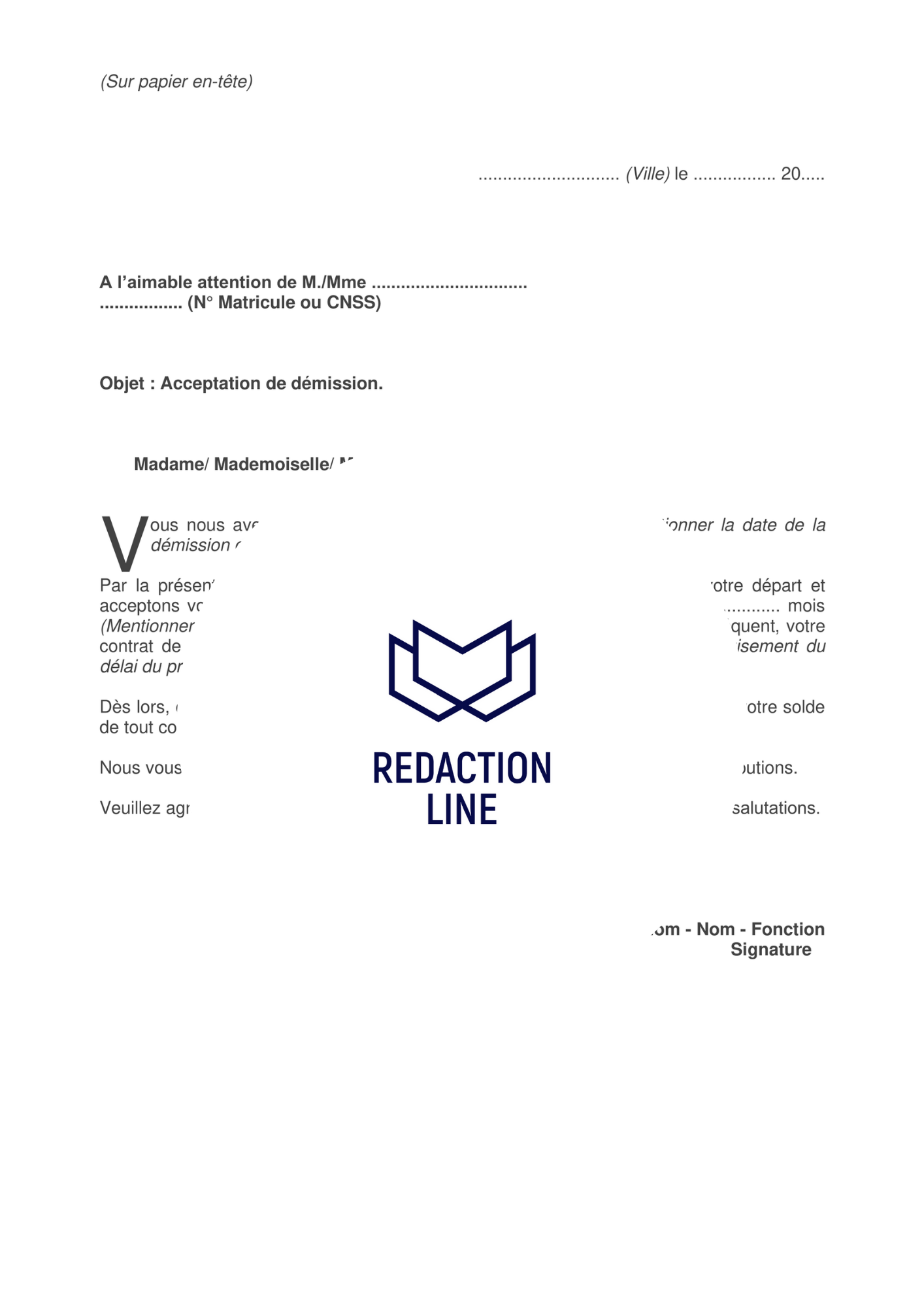 Lettre d'acceptation d'une démission