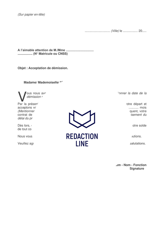 Lettre d'acceptation d'une démission