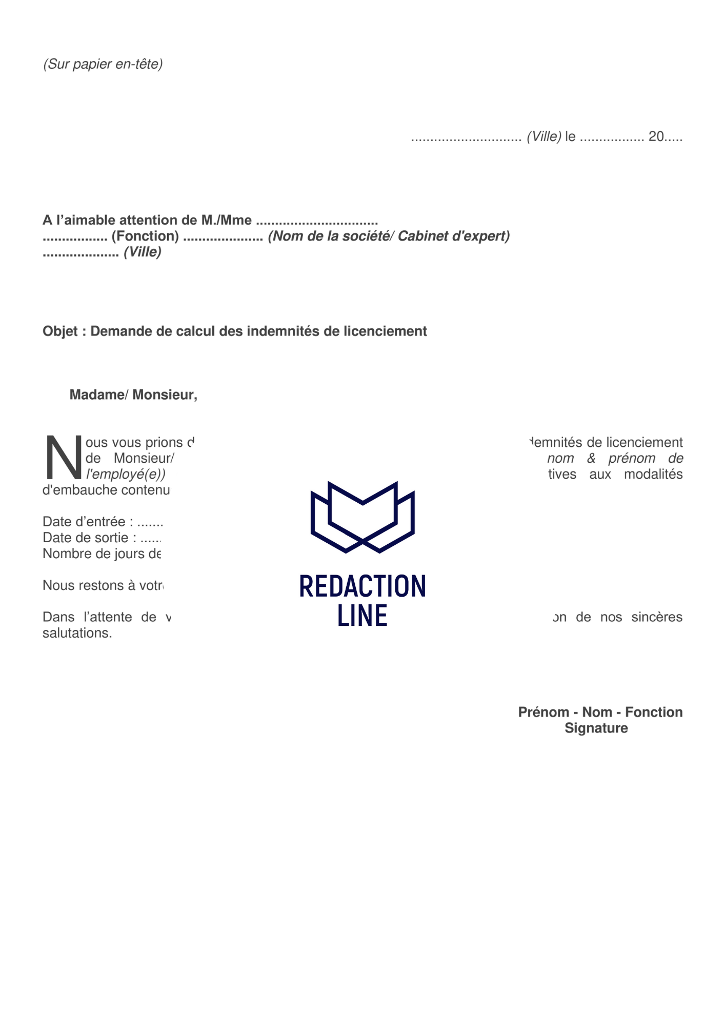 Lettre de demande pour calcul des indemnités de licenciement