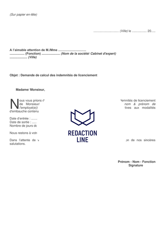 Lettre de demande pour calcul des indemnités de licenciement