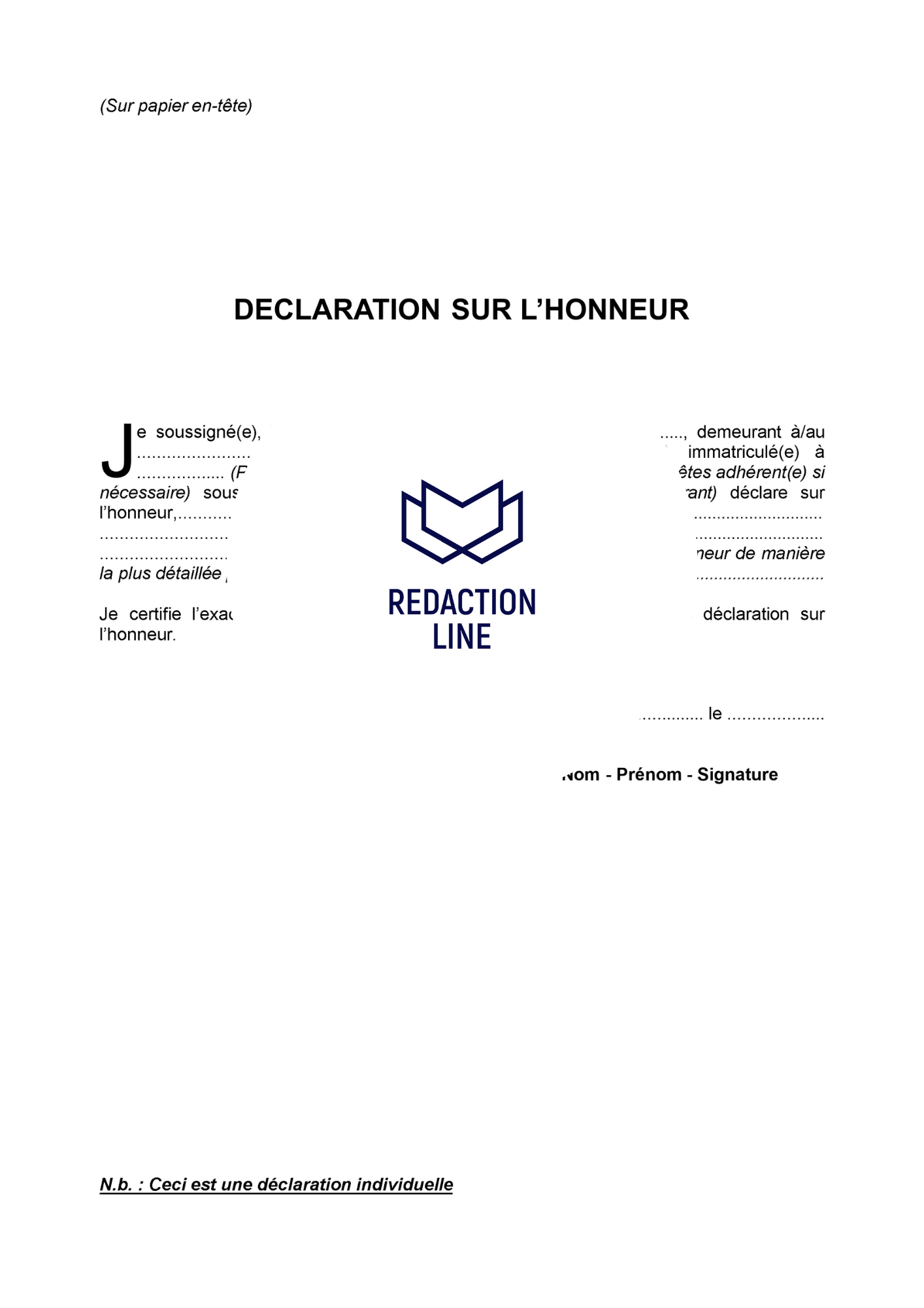 Attestation sur l'Honneur