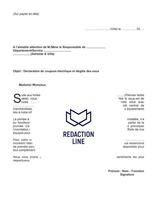 Lettre de déclaration pour coupure électricité & dégats des eaux