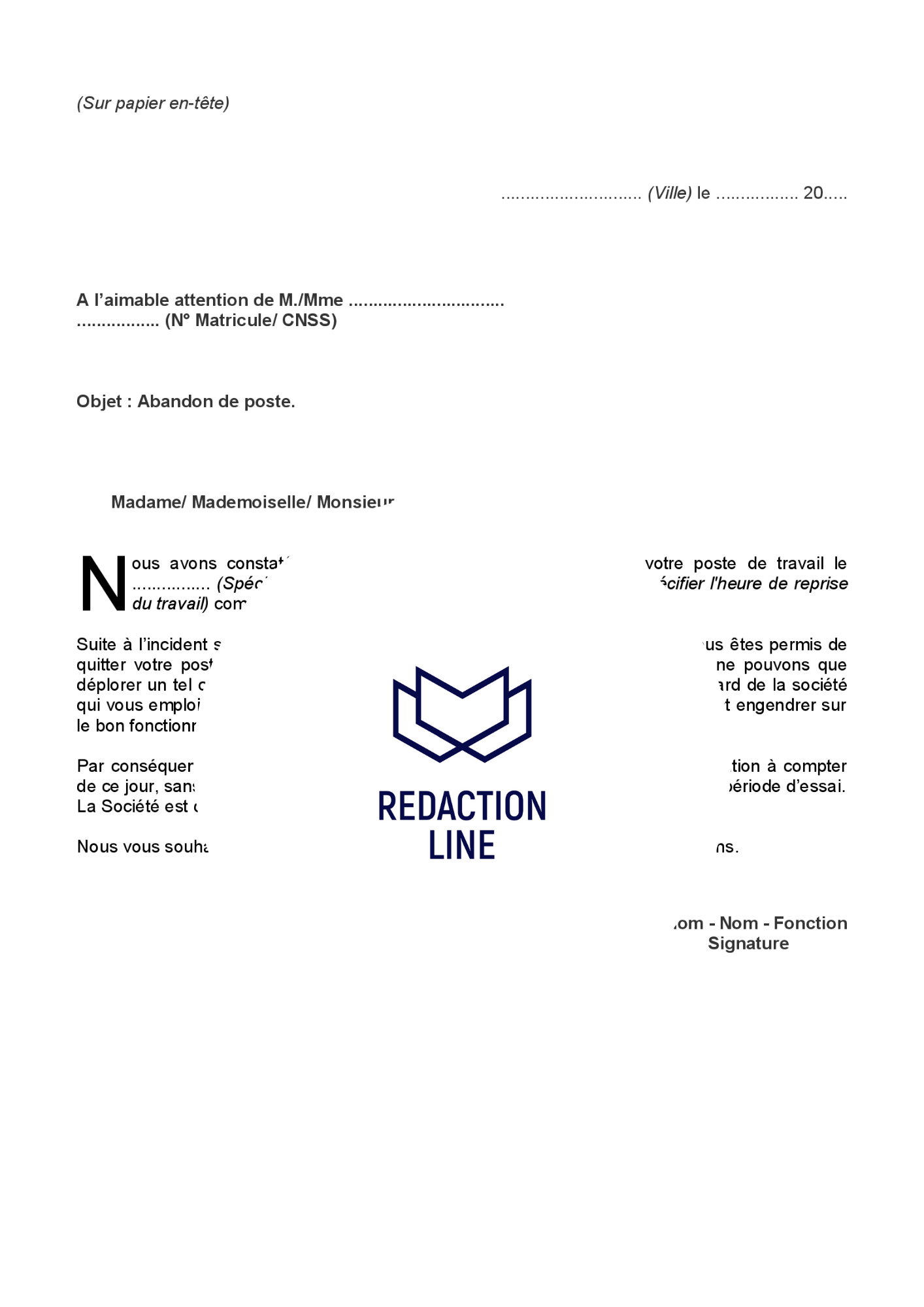 Lettre pour constatation d'abandon de Poste