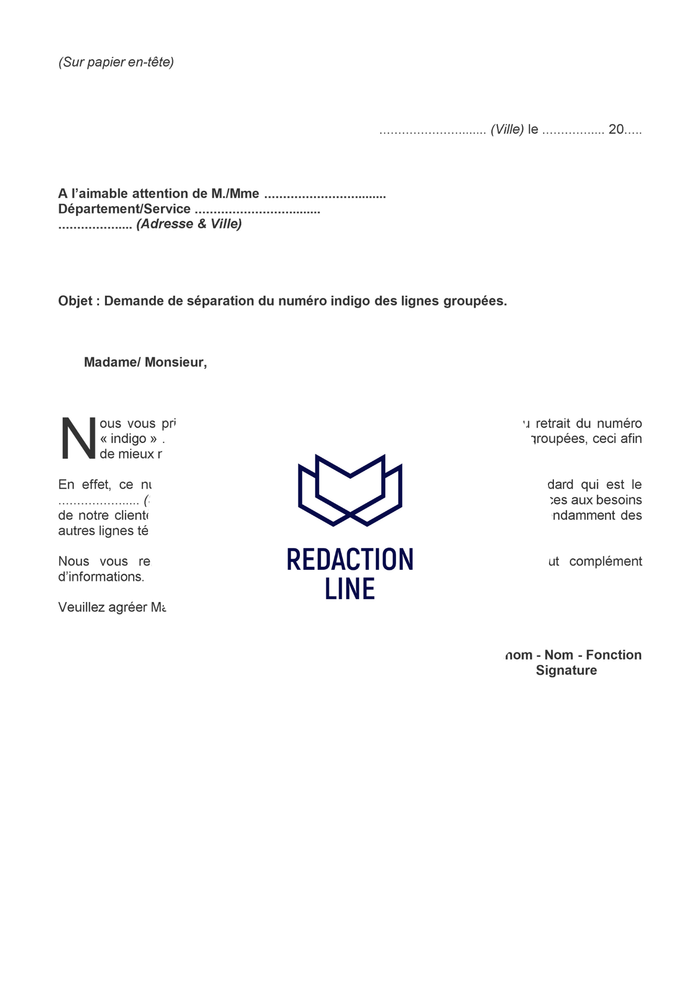 Lettre pour distinction de lignes groupées et numéro indigo