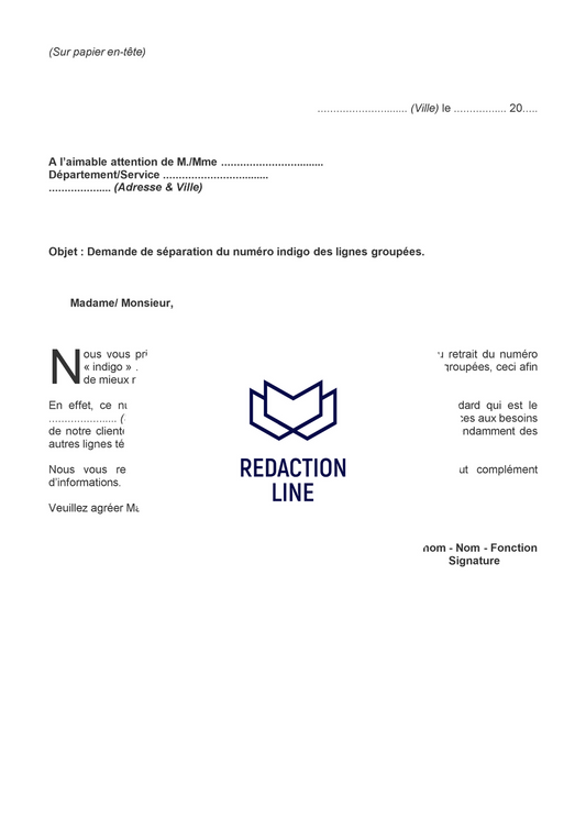 Lettre pour distinction de lignes groupées et numéro indigo