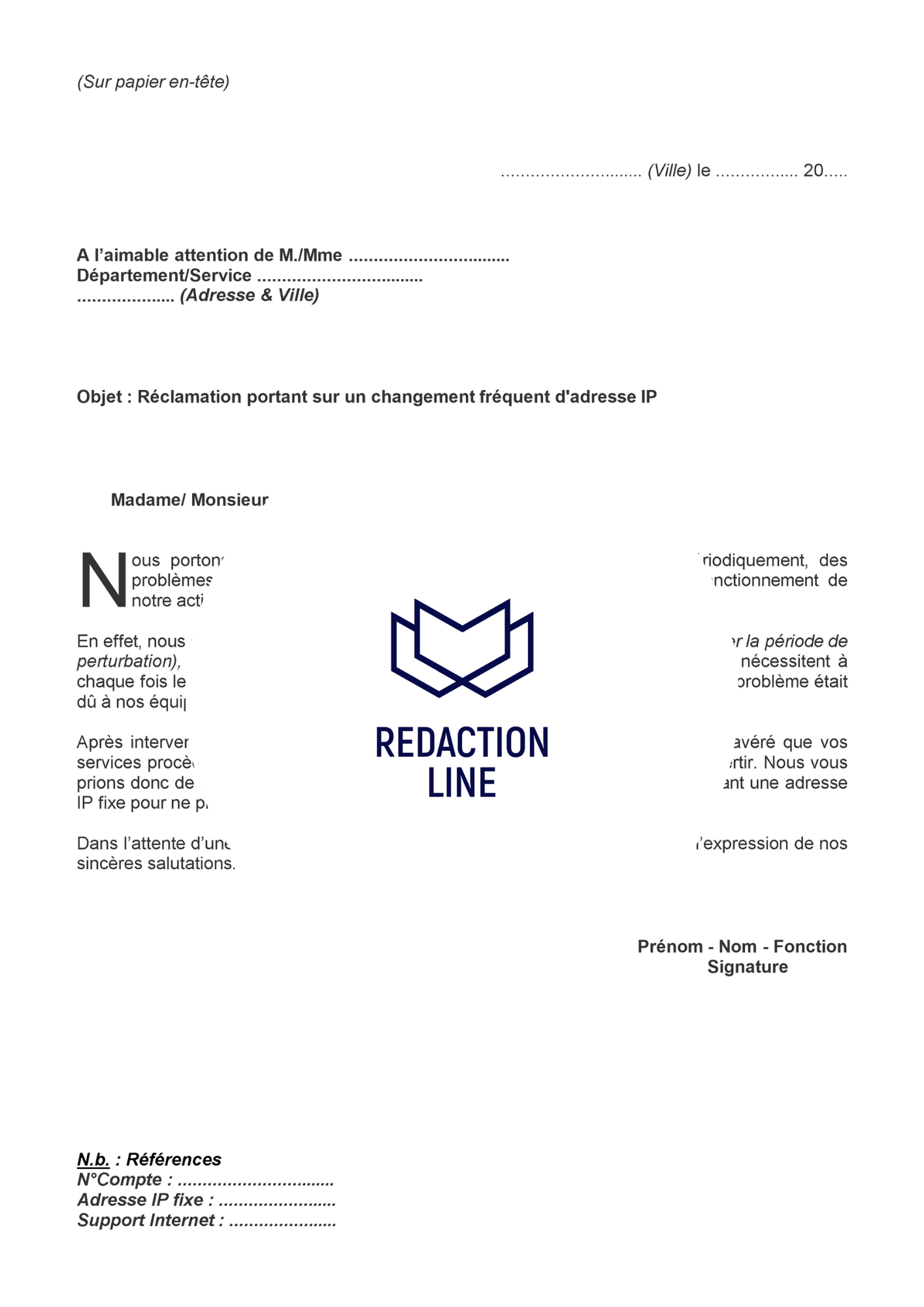 Lettre de réclamation pour changement fréquent d'adresse IP.