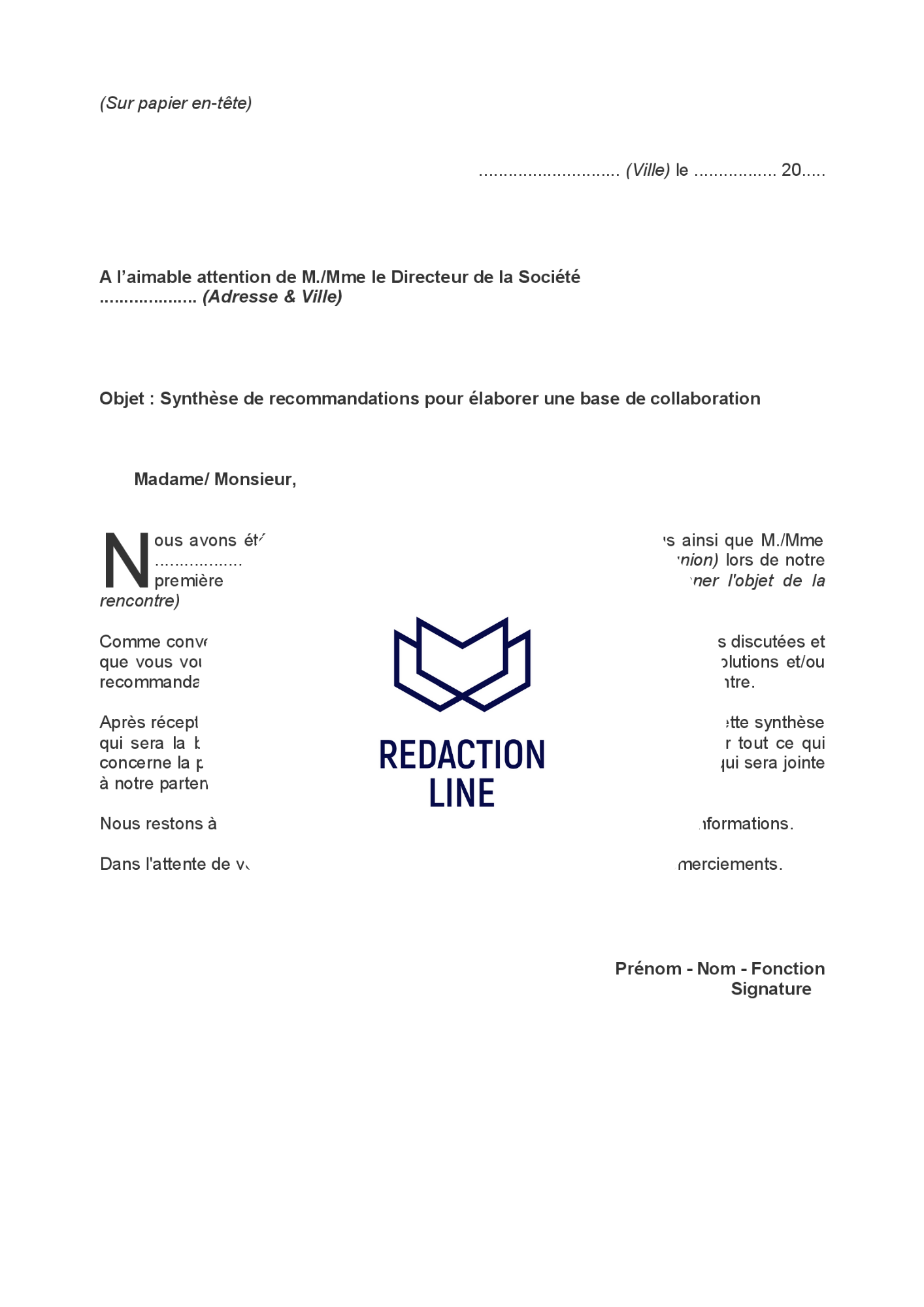 Lettre pour envoi d'une synthèse pour base de future collaboration