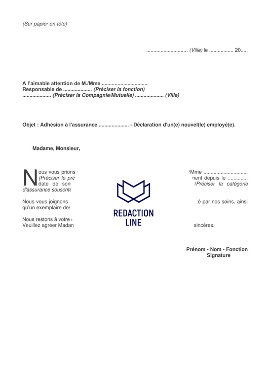 Lettre de demande pour l'adhésion d'un nouvel employé