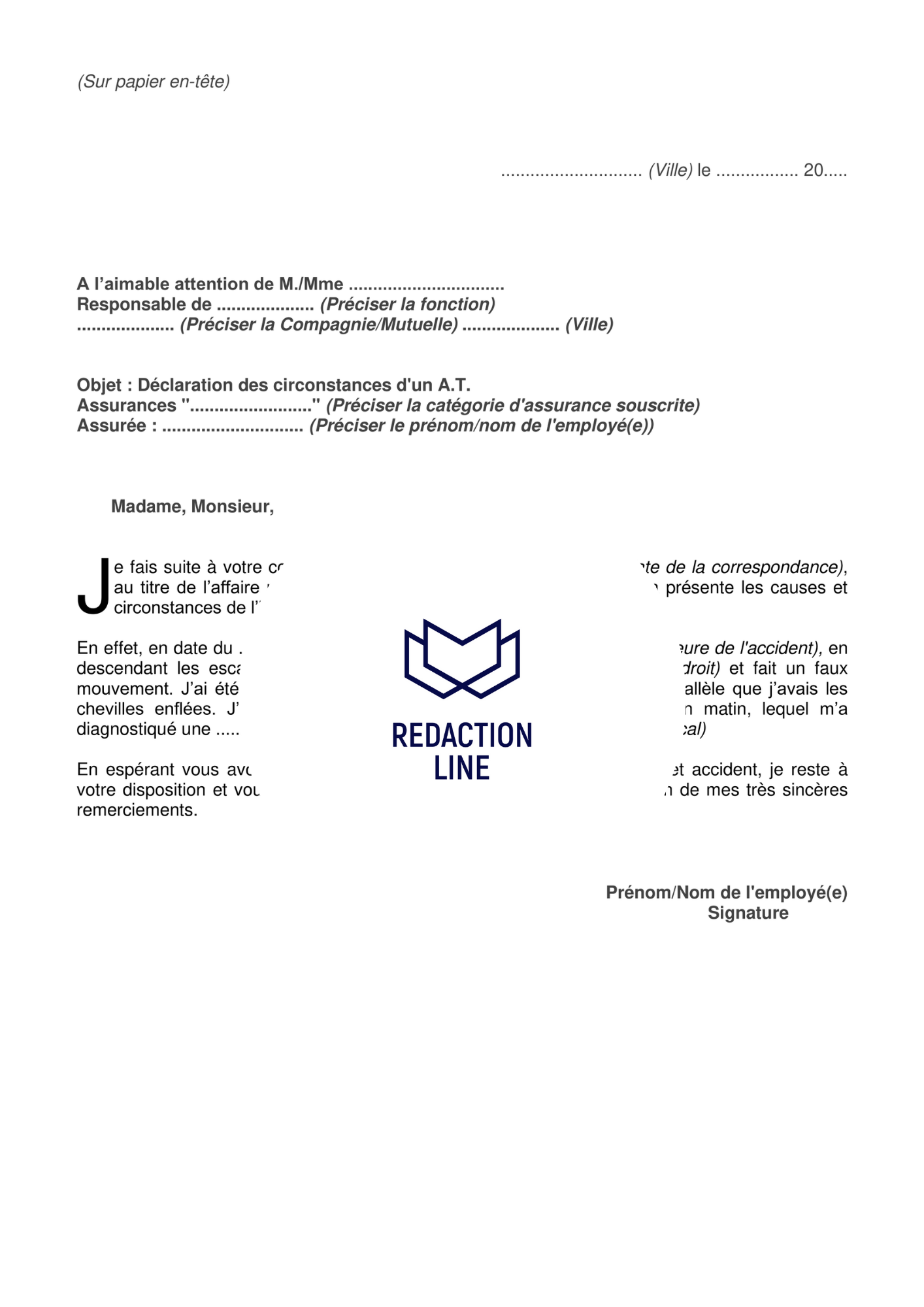 Lettre explicative des circonstances d'un accident de travail